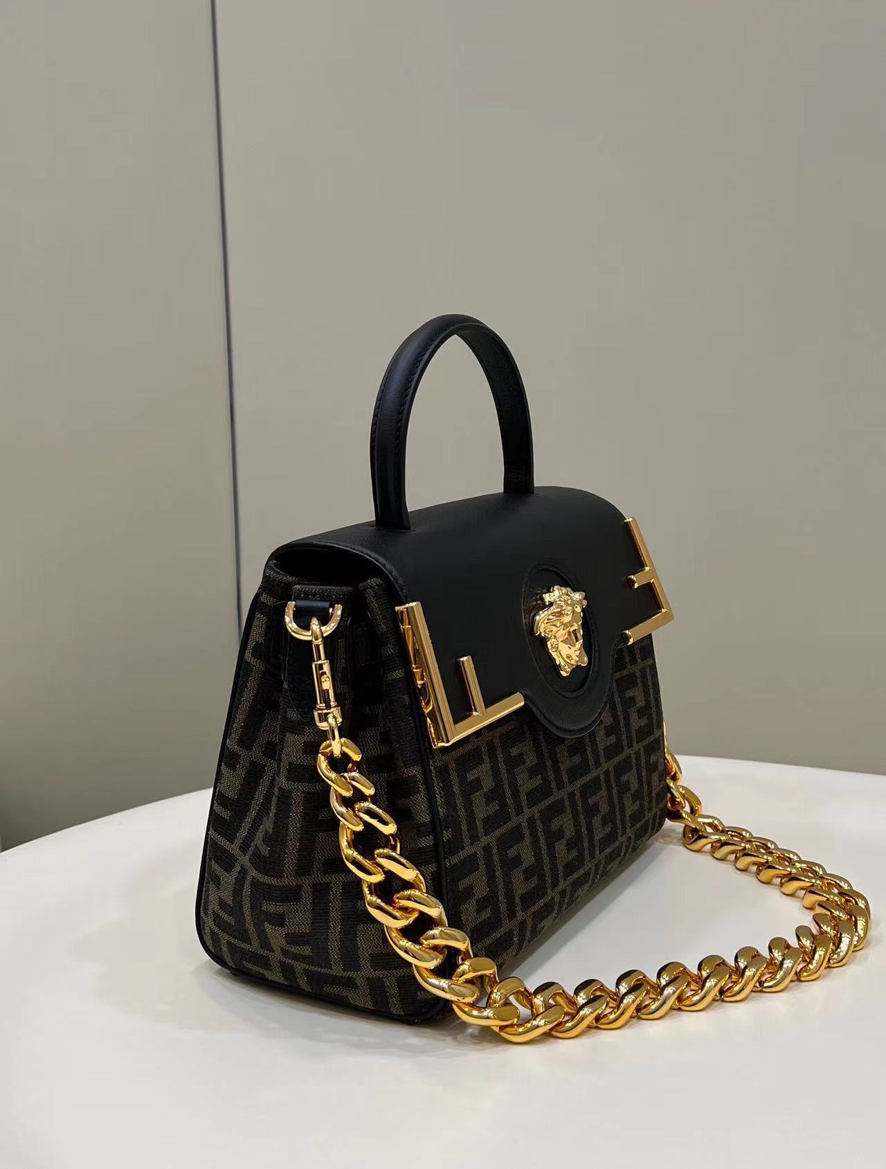 Fend1 Fendace La Medusa Medium Handbag Gold Baroque Print  8.6H 9.9W 5.9D