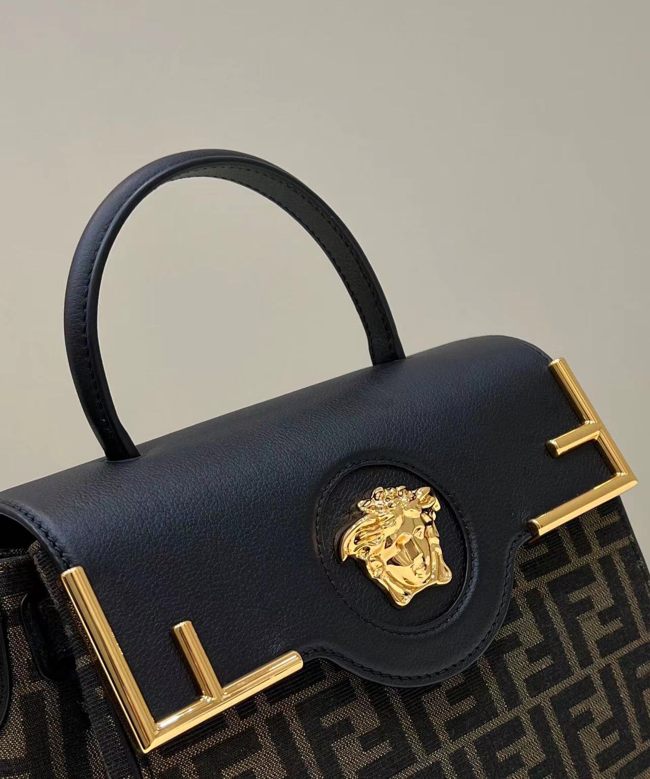 Fend1 Fendace La Medusa Medium Handbag Gold Baroque Print  8.6H 9.9W 5.9D