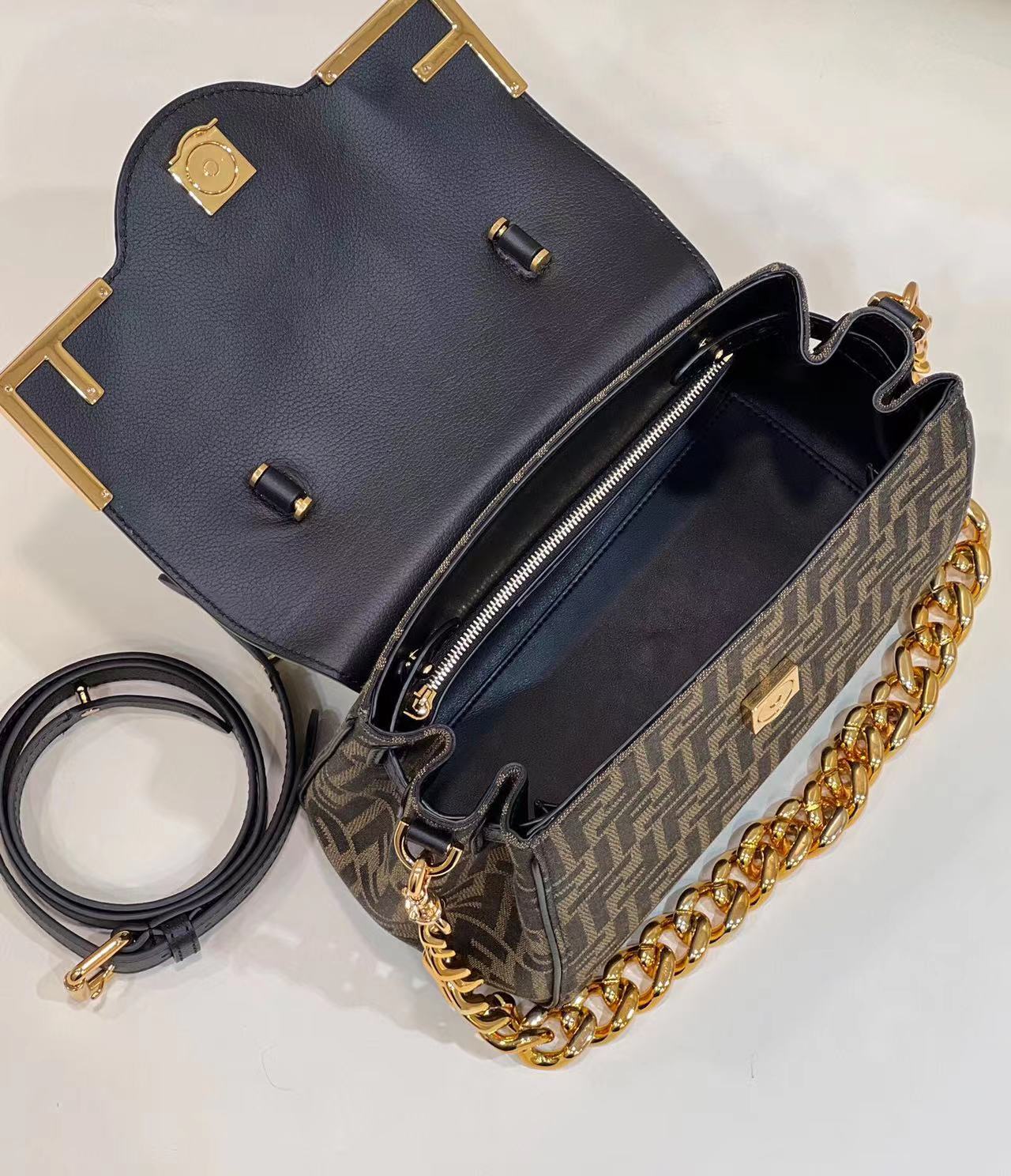 Fend1 Fendace La Medusa Medium Handbag Gold Baroque Print  8.6H 9.9W 5.9D