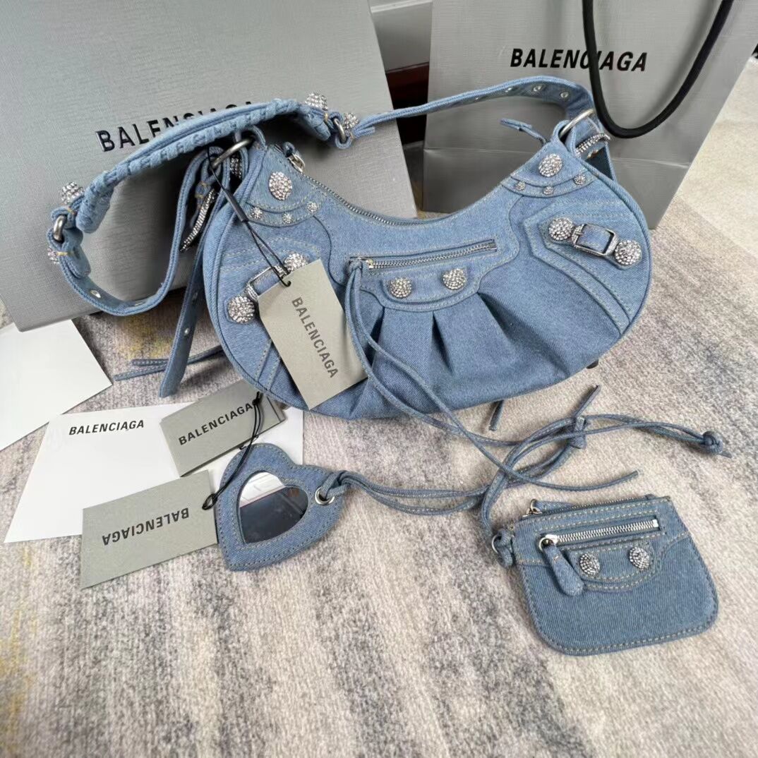 Ba1enc1aga Blue Le Cagole Denim Shoulder bag 33CM