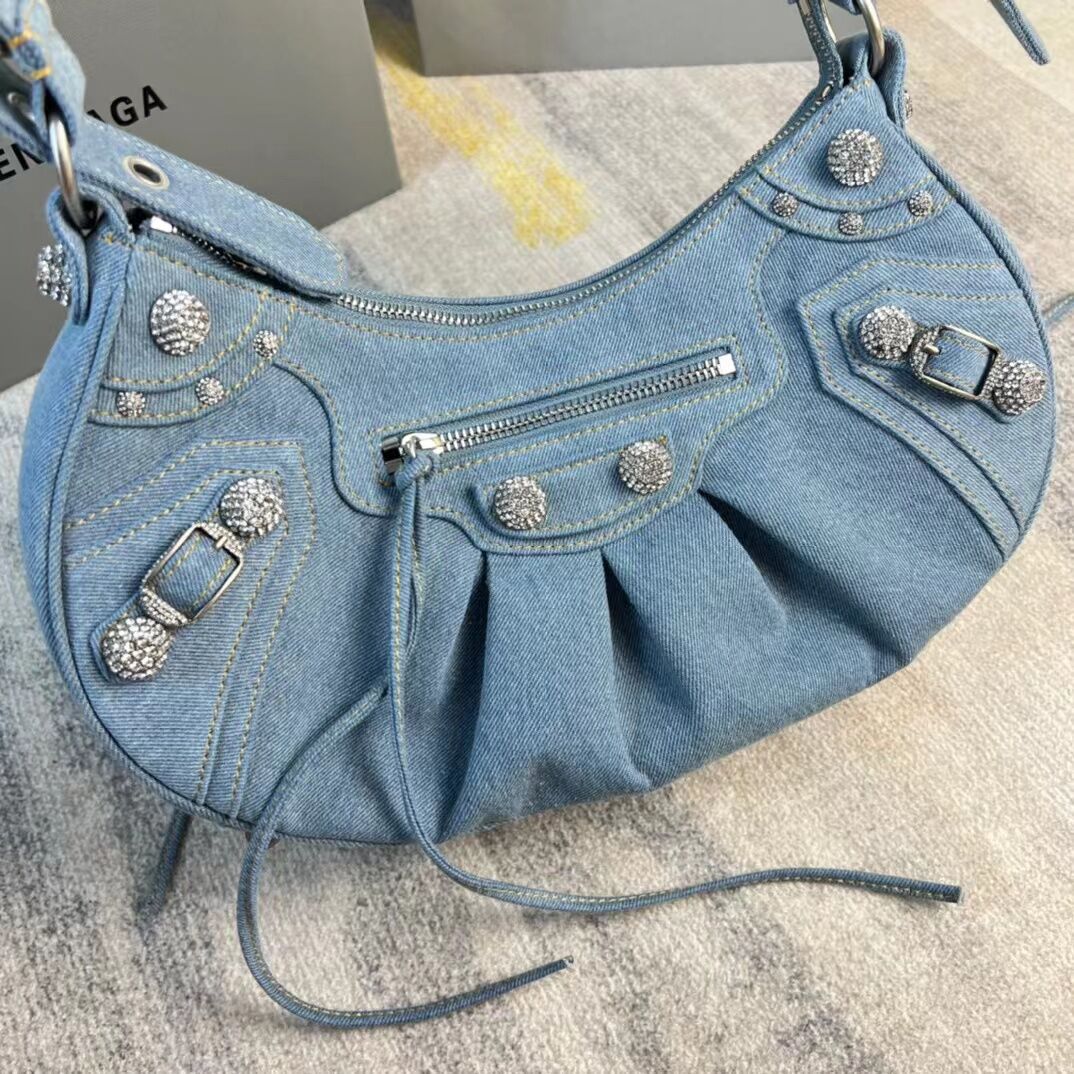 Ba1enc1aga Blue Le Cagole Denim Shoulder bag 33CM