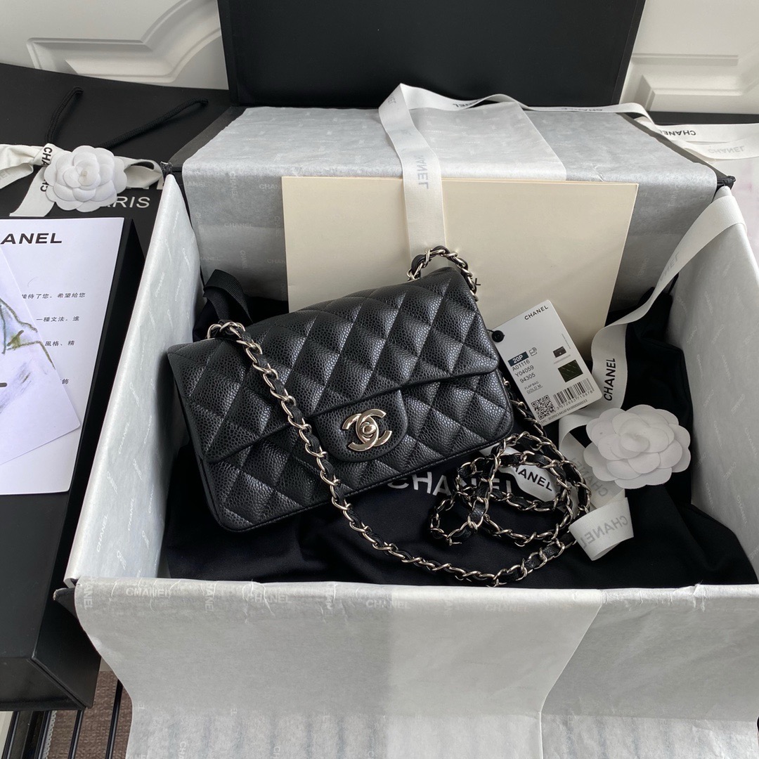Ch*el cf black sliver calfskin 20cm