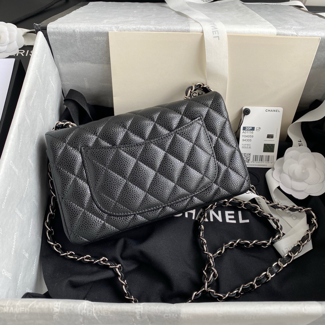 Ch*el cf black sliver calfskin 20cm