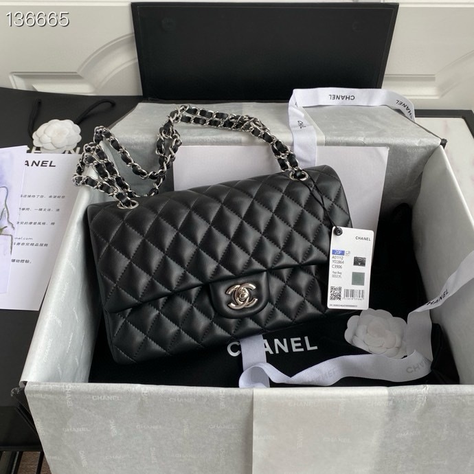 Ch*el classic flap bag black silver lambskin 25cm