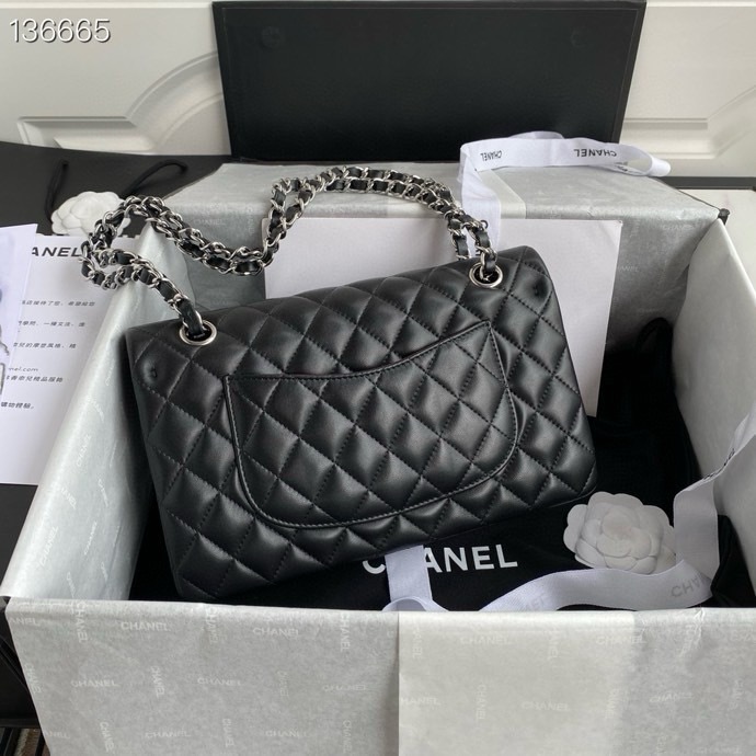 Ch*el classic flap bag black silver lambskin 25cm