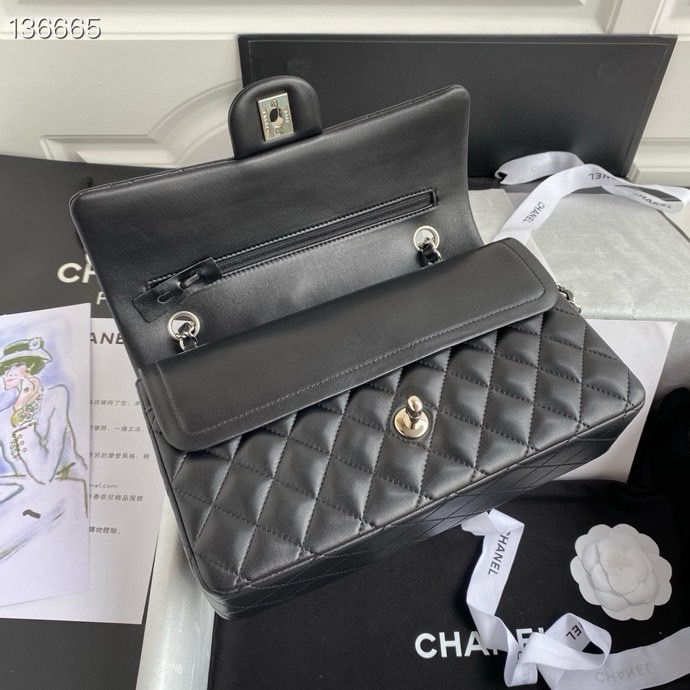 Ch*el classic flap bag black silver lambskin 25cm