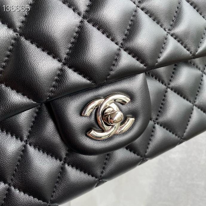 Ch*el classic flap bag black silver lambskin 25cm
