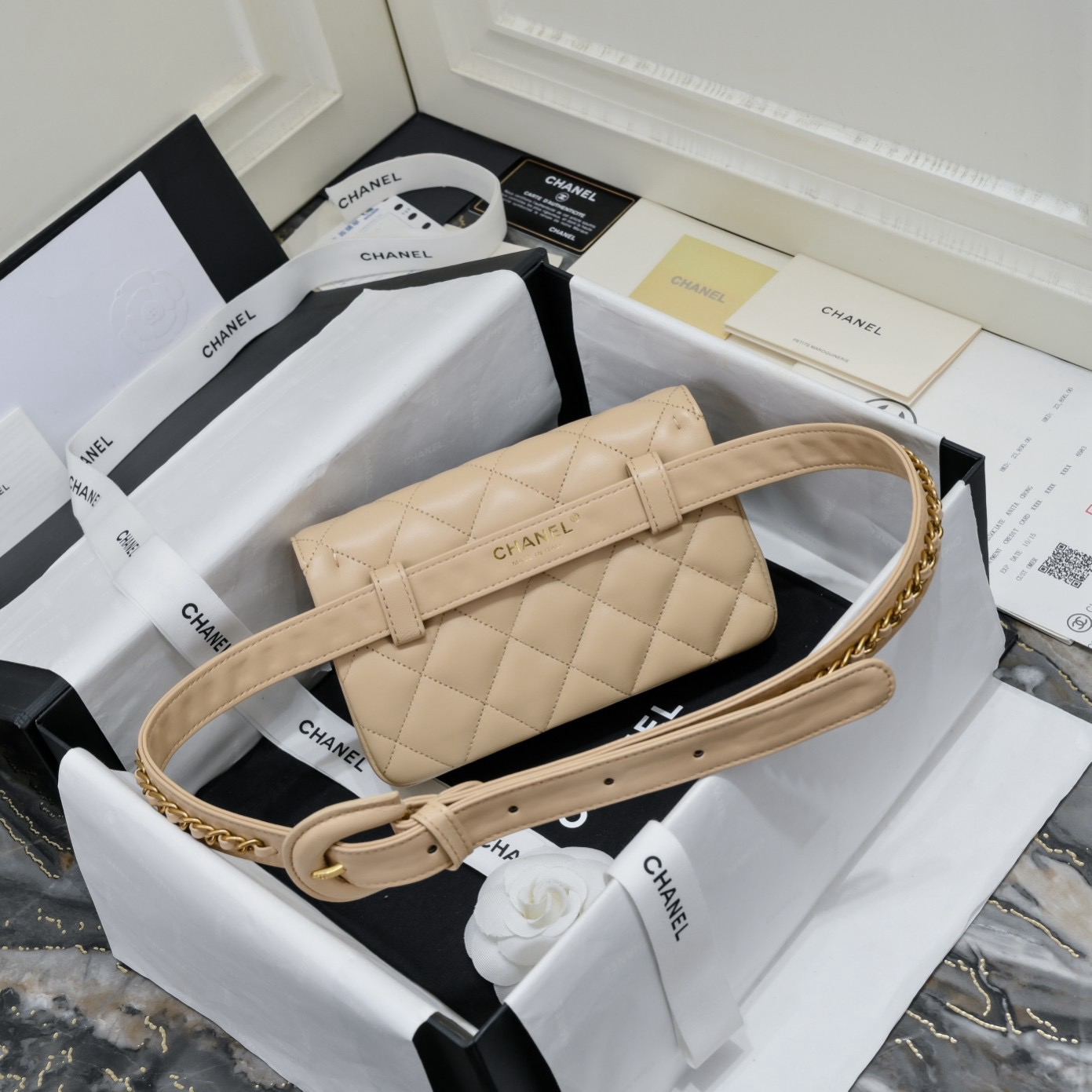 Ch*el quilted bum bag belt bag beige lambskin leather 18*3.5*12cm