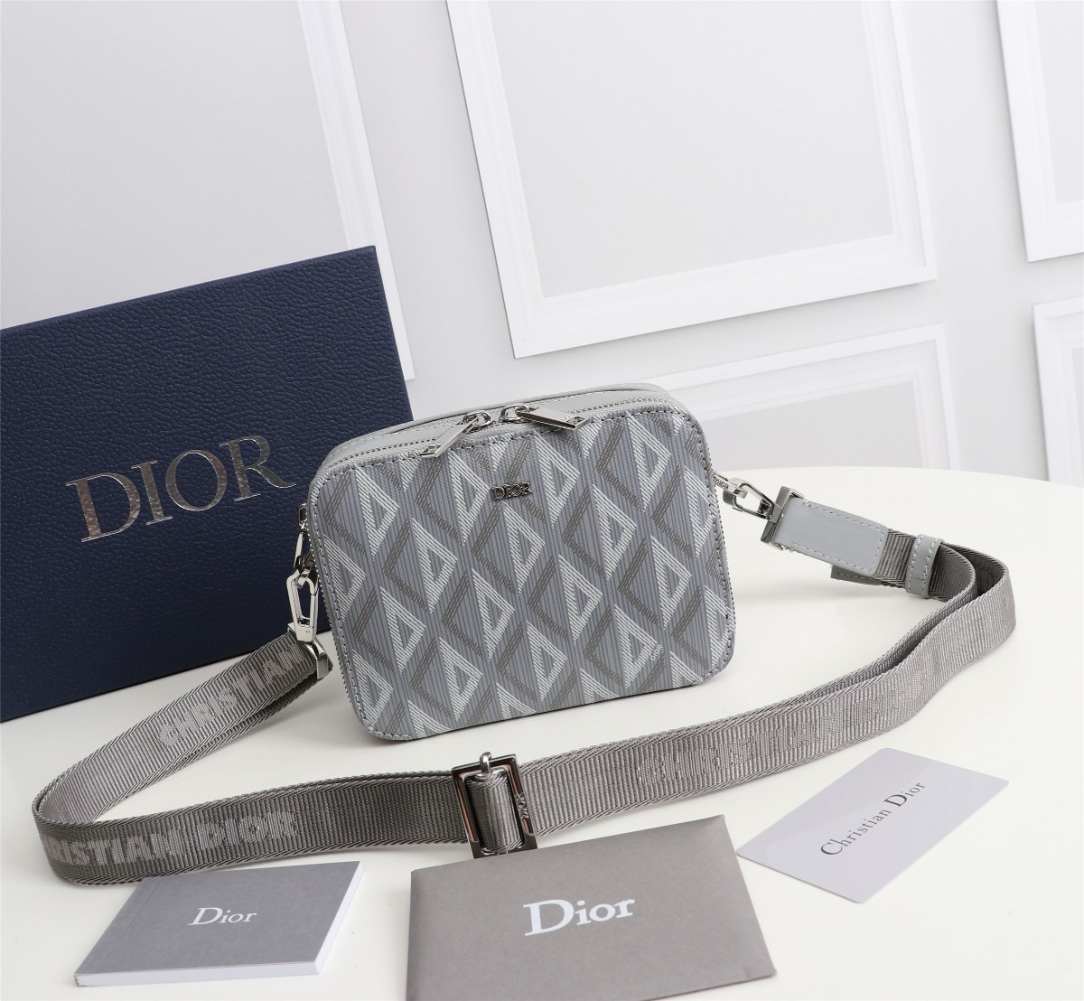 D*or zipped pouch with strap gray coated cotton canvas with cd diamond print 17*12.5*6cm