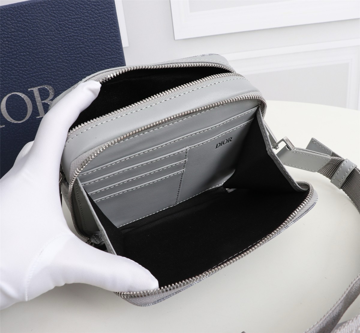 D*or zipped pouch with strap gray coated cotton canvas with cd diamond print 17*12.5*6cm