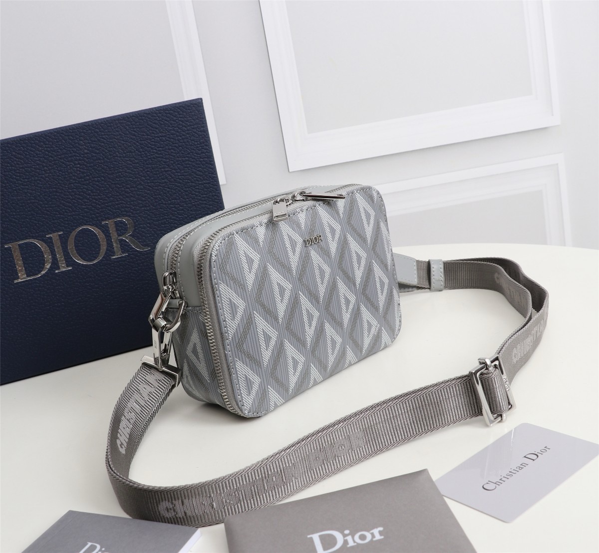 D*or zipped pouch with strap gray coated cotton canvas with cd diamond print 17*12.5*6cm