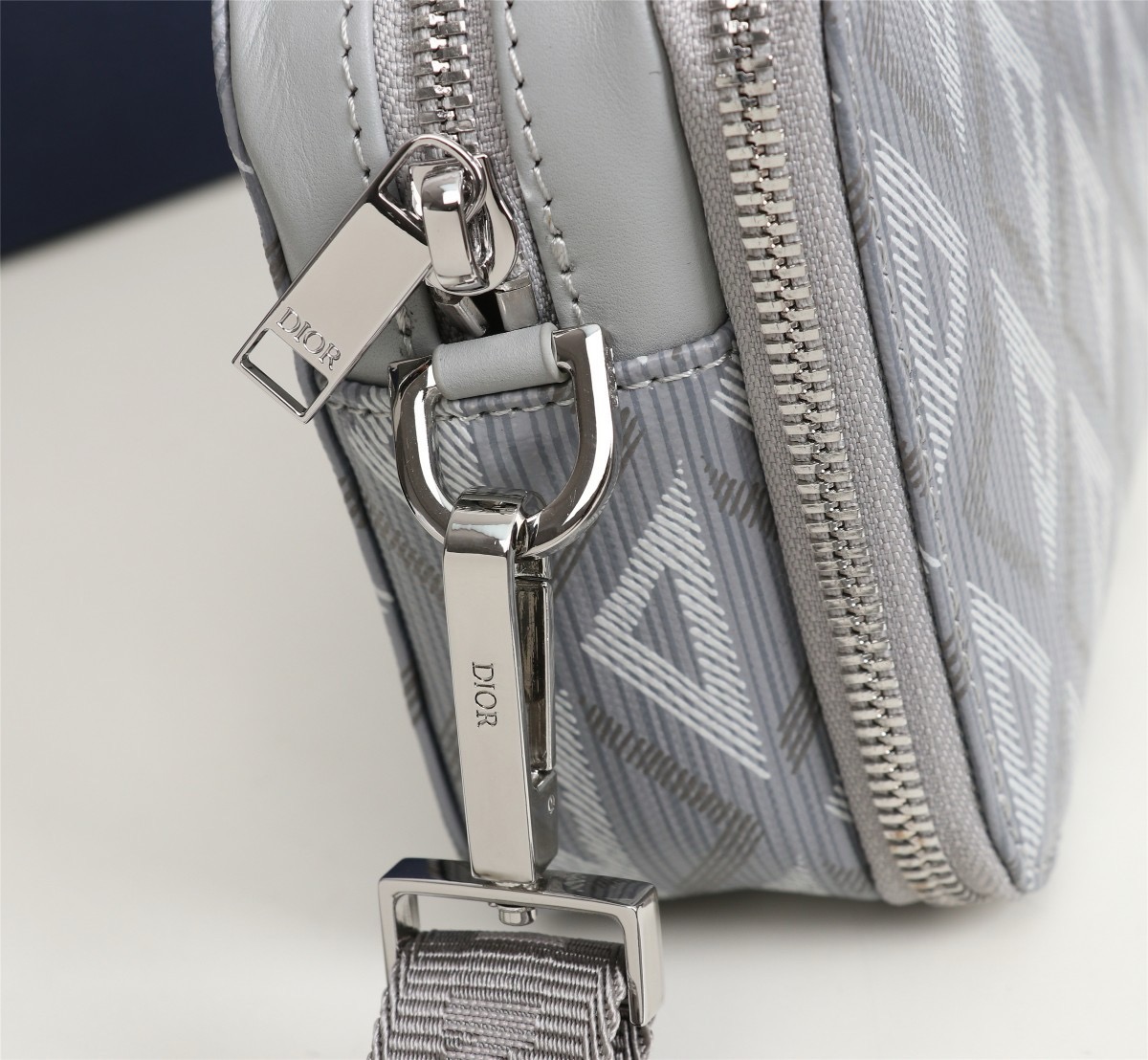 D*or zipped pouch with strap gray coated cotton canvas with cd diamond print 17*12.5*6cm