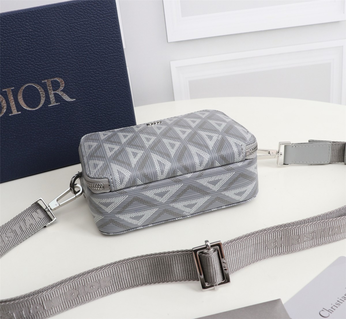 D*or zipped pouch with strap gray coated cotton canvas with cd diamond print 17*12.5*6cm
