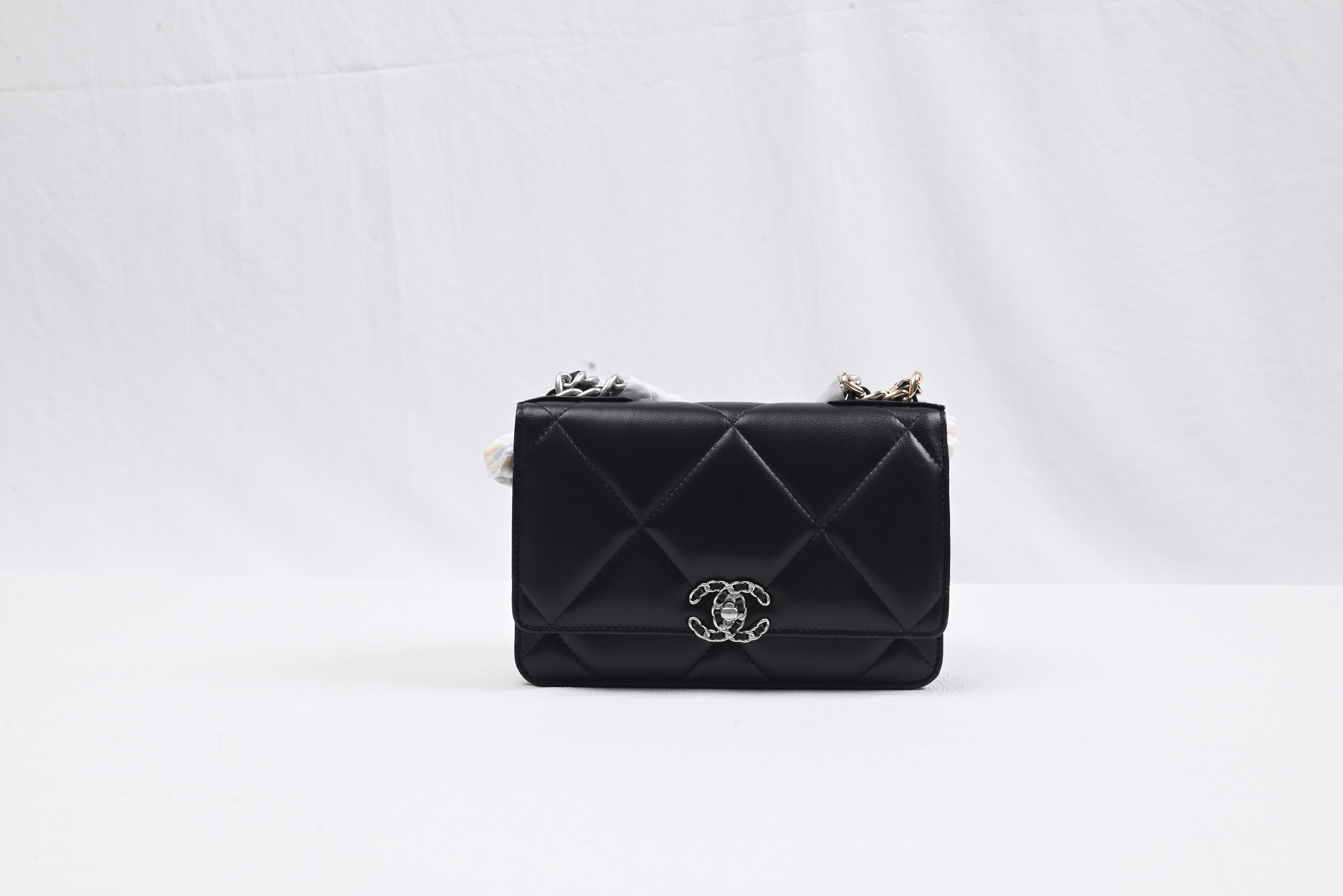 Ch*el lambskin quilted Ch*el 19 wallet on chain woc black
