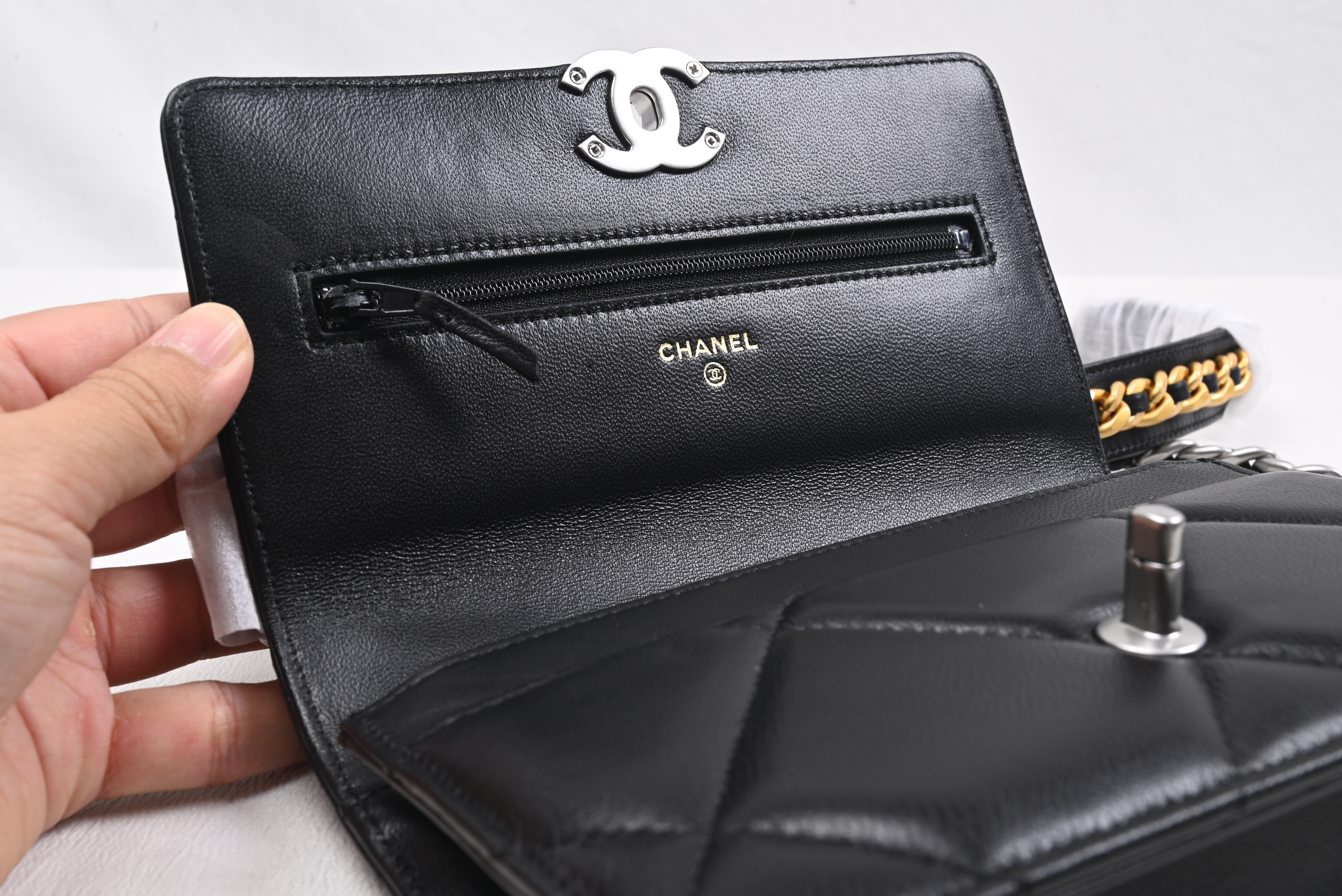 Ch*el lambskin quilted Ch*el 19 wallet on chain woc black