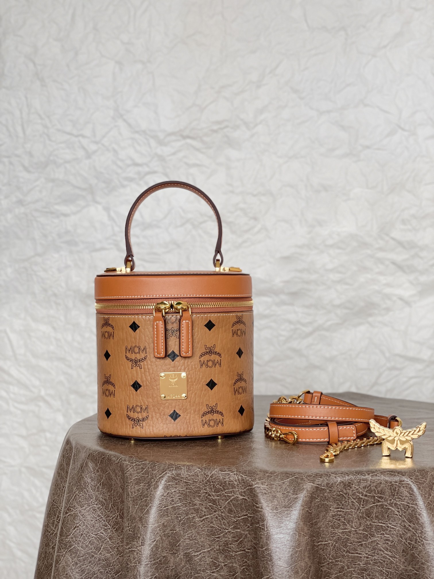 MCM Visetos Small Cylinder Crossbody Bag Cognac 16x14x16cm