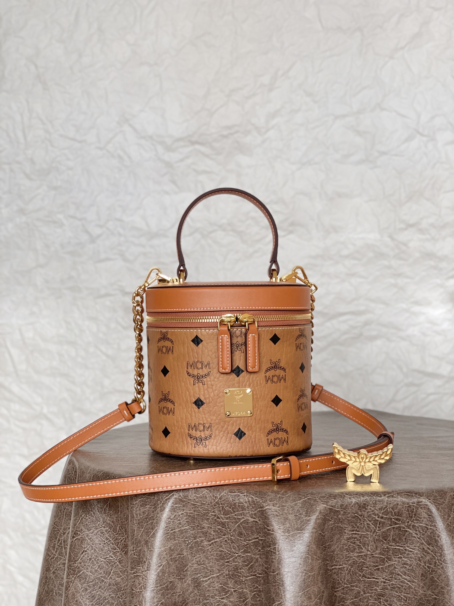 MCM Visetos Small Cylinder Crossbody Bag Cognac 16x14x16cm