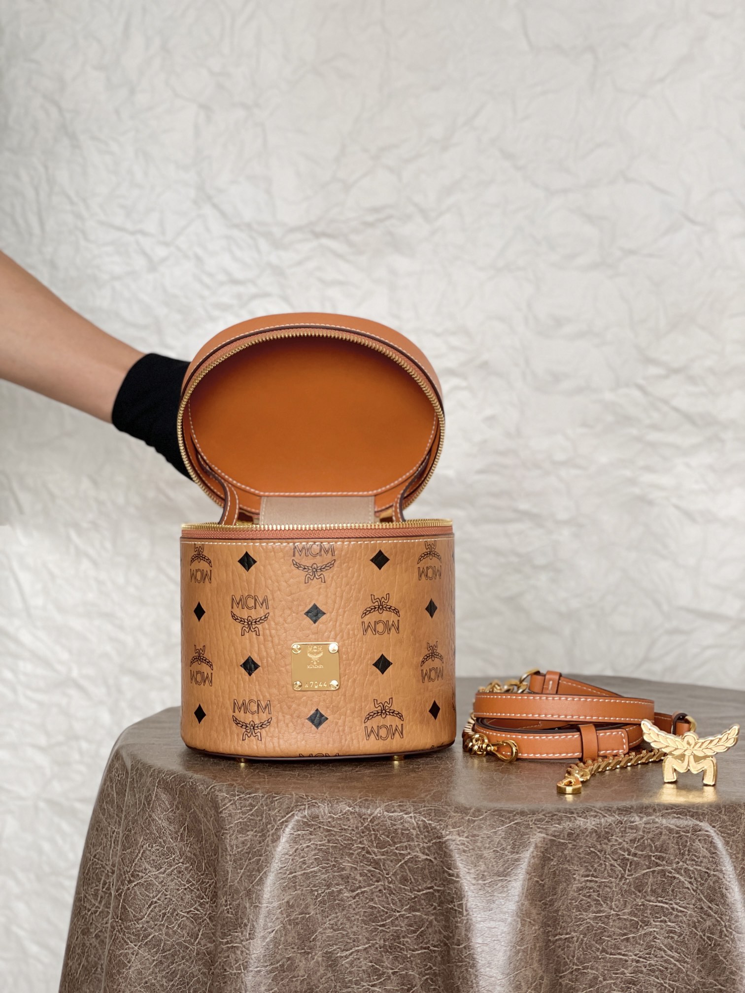 MCM Visetos Small Cylinder Crossbody Bag Cognac 16x14x16cm