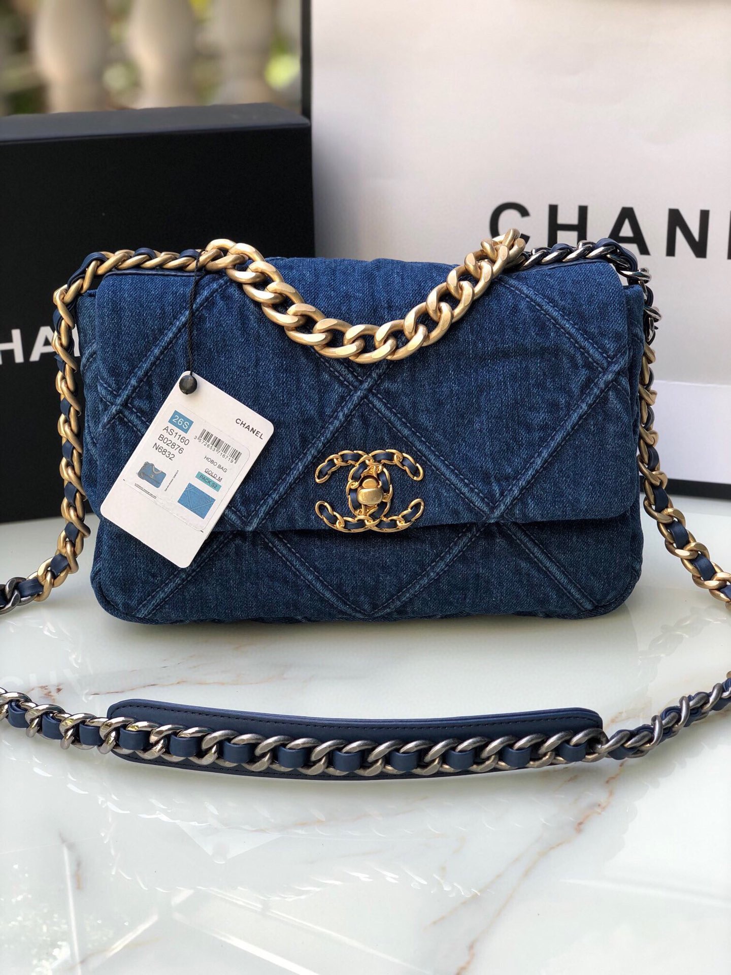Ch*el 19 demin bag 26cm dark blue