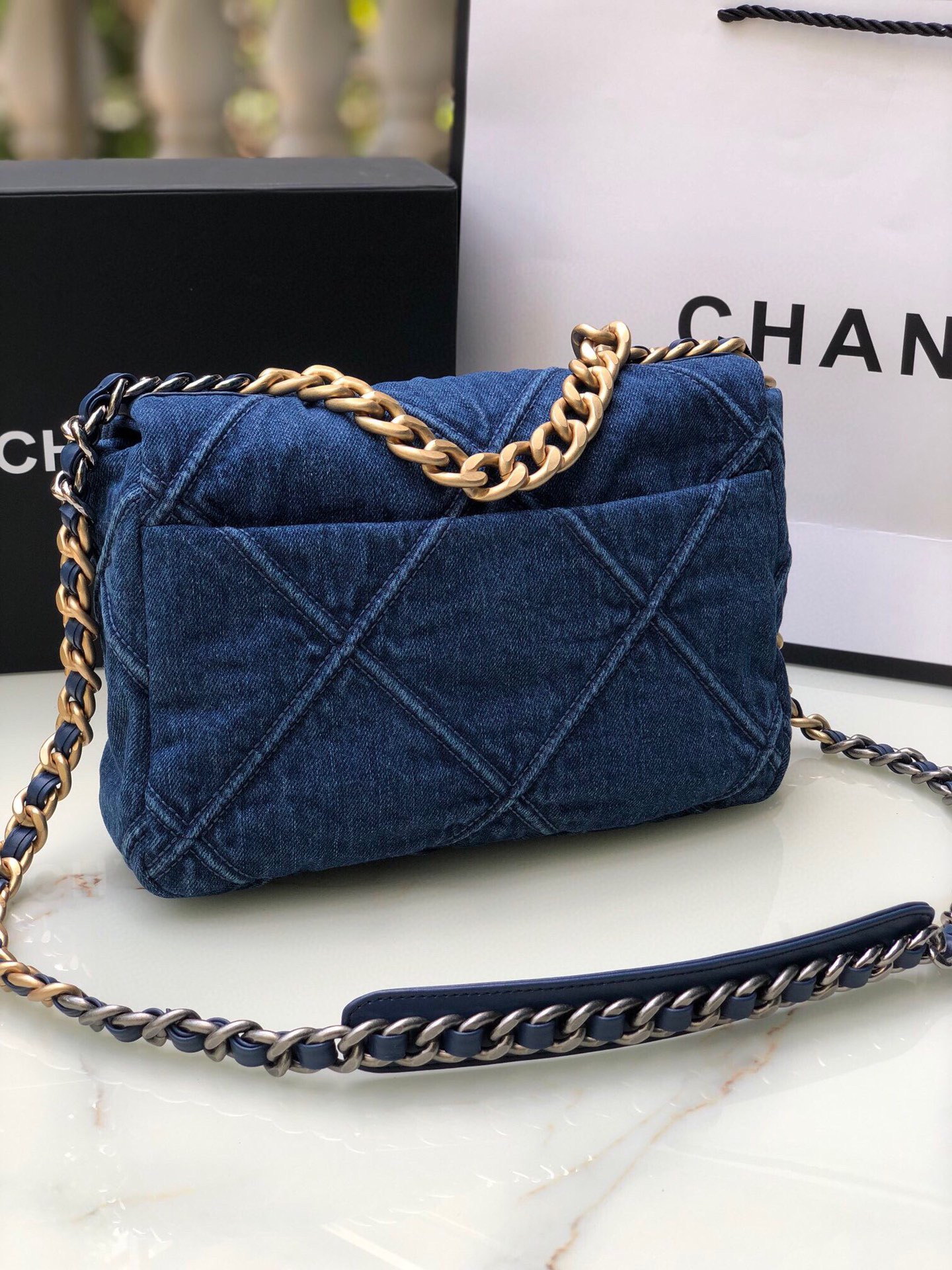 Ch*el 19 demin bag 26cm dark blue