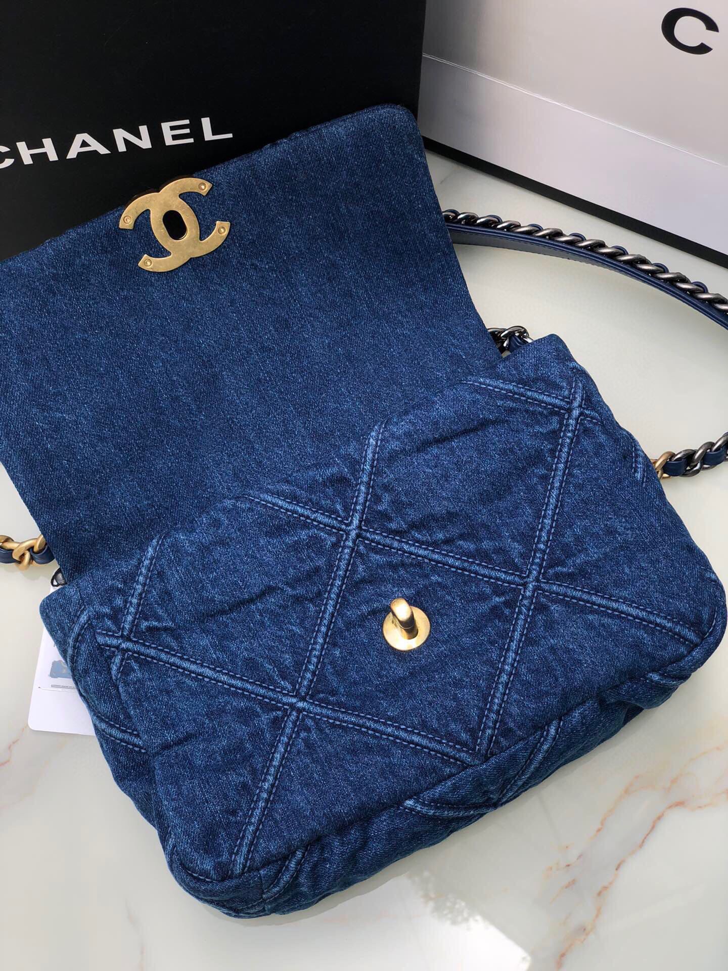 Ch*el 19 demin bag 26cm dark blue
