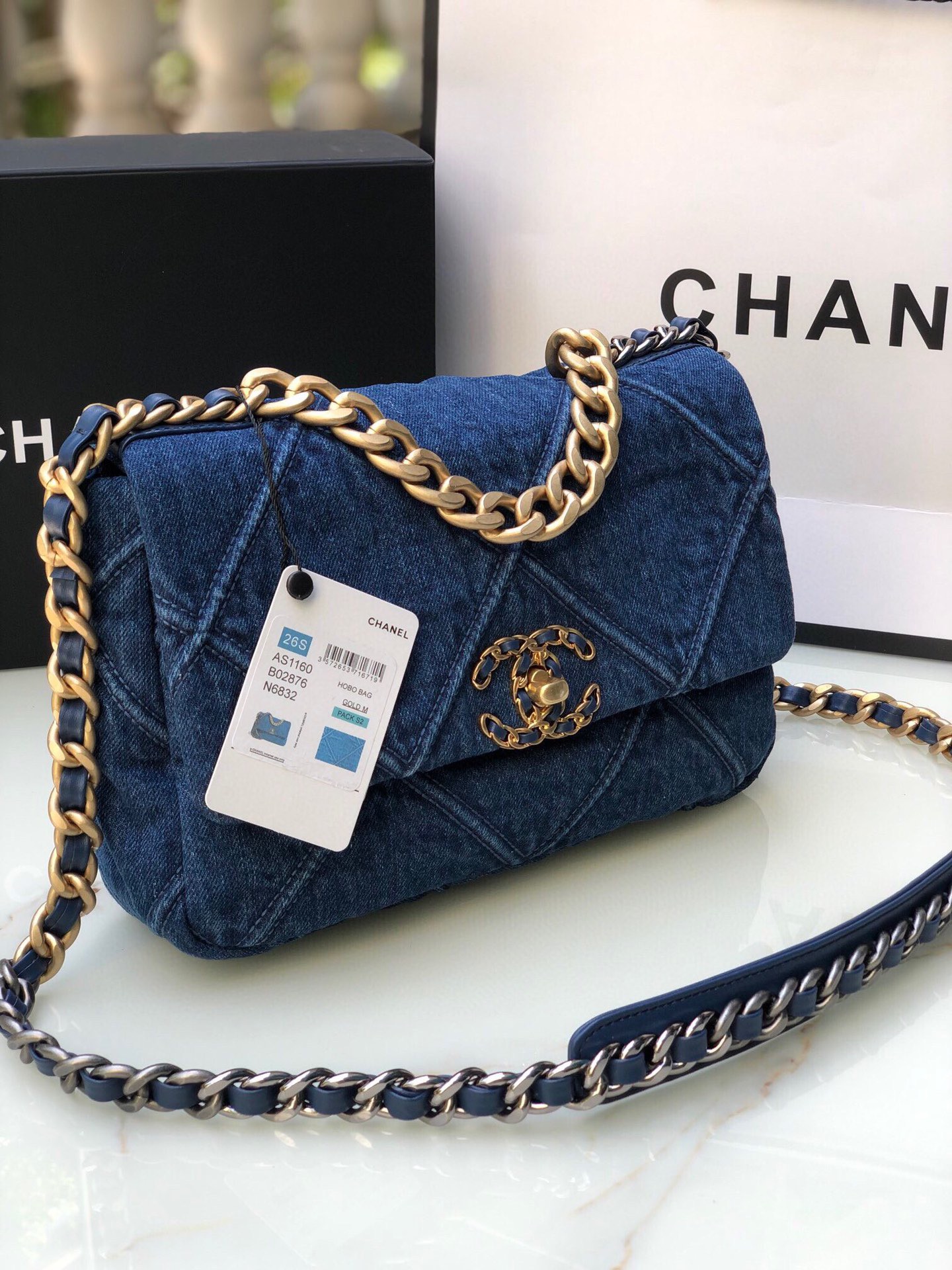 Ch*el 19 demin bag 26cm dark blue